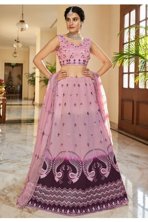 Lilac Pink and Plum Embroidered Art Silk Lehenga Choli