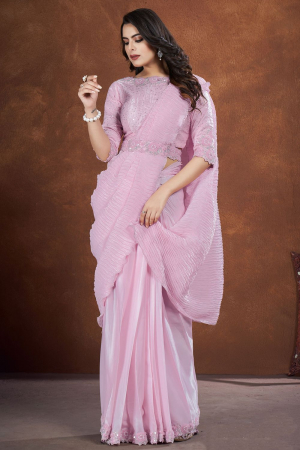 Lilac Pink Crepe Satin Silk Saree with Readymade Blouse