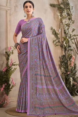 Lilac Pink Digital Print Silk Crepe Saree