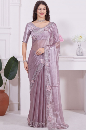 Lilac Pink Embellished Silk Designer Saree