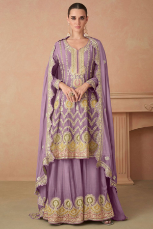 Lilac Pink Embroidered Chinnon Designer Palazzo Kameez