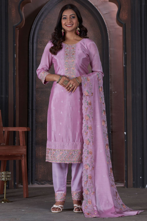 Lilac Pink Embroidered Chinnon Pant Kameez