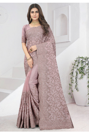 Lilac Pink Embroidered Chinnon Saree