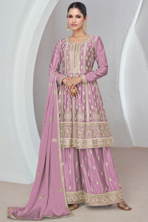 Lilac Pink Embroidered Chinnon Silk Palazzo Kameez