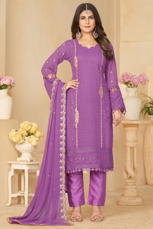 Lilac Pink Embroidered Faux Georgette Pant Kameez