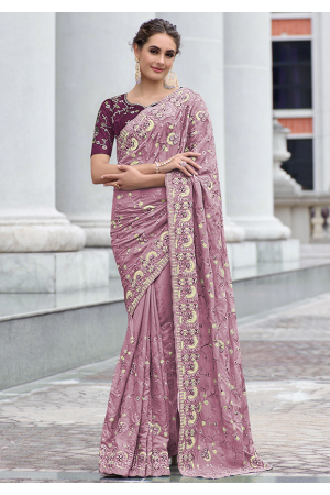 Lilac Pink Embroidered Georgette Saree