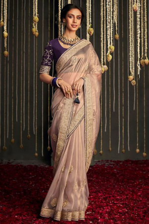 Lilac Pink Embroidered Heavy Designer Saree