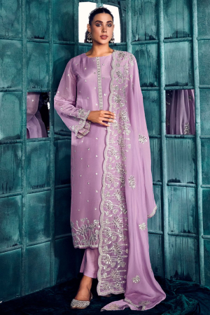 Lilac Pink Embroidered Modal Silk Plus Size Suit