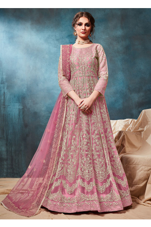 Lilac Pink Embroidered Net  Anarkali Suit
