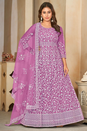 Lilac Pink Embroidered Net Anarkali Dress for Party