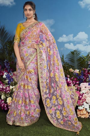 Lilac Pink Embroidered Pure Brasso Designer Saree