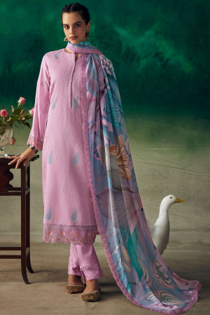 Lilac Pink Embroidered Pure Muslin Plus Size Suit