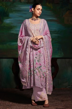 Lilac Pink Embroidered Pure Muslin Plus Size Suit