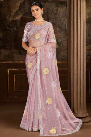Lilac Pink Embroidered Satin Silk Designer Saree