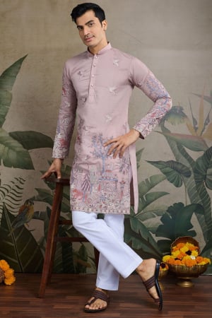 Lilac Pink Embroidered Viscose Silk Kurta