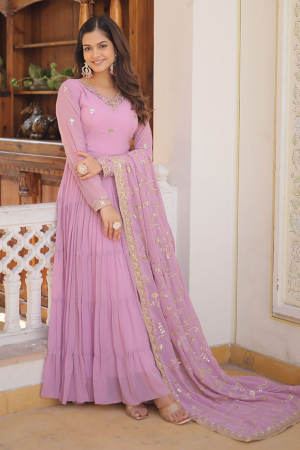 Lilac Pink Faux Georgette Gown with Embroidered Dupatta