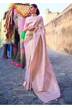Lilac Pink Handloom Weaving Silk Saree