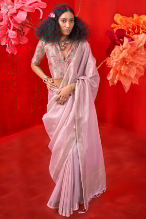 Lilac Pink Handloom Weaving Tissue Silk Saree