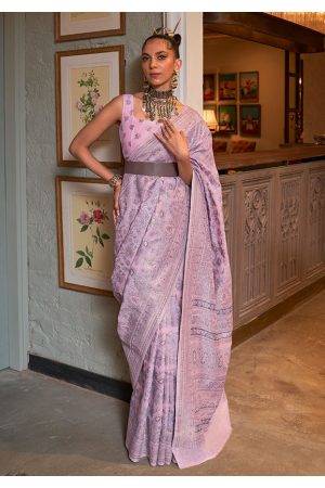 Lilac Pink Kashmiri Modal Handloom Weaving Saree