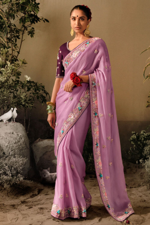 Lilac Pink Khatli Work Designer Saree for Wedding