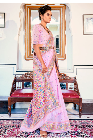 Lilac Pink Pure Kashmiri Modal Weaving Saree