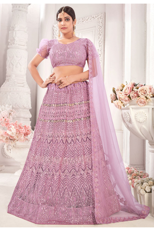 Lilac Pink Sequins Embroidered Net Lehenga Choli