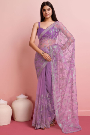 Lilac Pink Sequins Embroidered Net Saree
