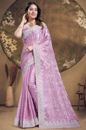 Lilac Pink Sequins Embroidered Silk Saree