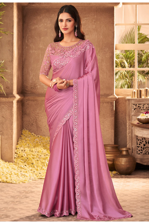 Lilac Pink Silk Saree with Embroidered Blouse