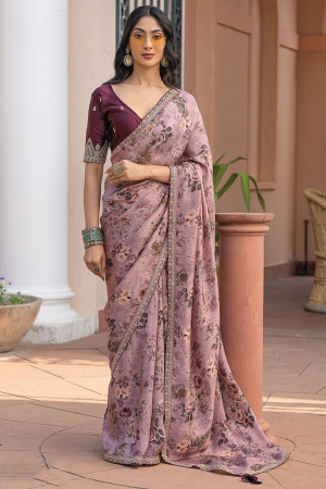 Lilac Pink Viscose Saree with Embroidered Blouse