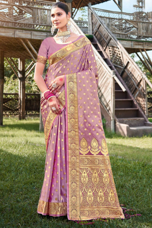 Lilac Pink Woven Satin Silk Saree