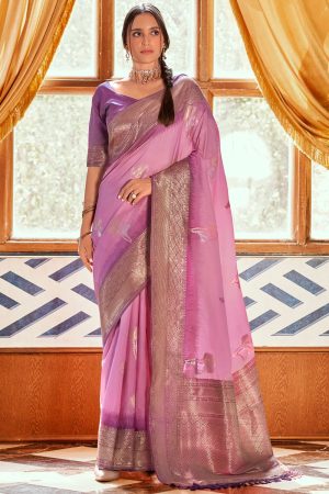 Lilac Pink Zari Woven Silk Saree