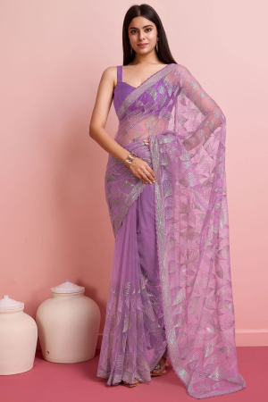 Lilac Purple Sequins Embroidered Net Saree