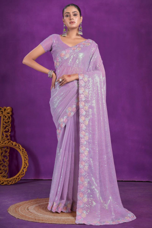 Lilac Sequins Embroidered Shimmer Silk Saree