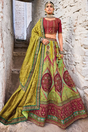 Lime Green Banarasi Silk Jacquard Designer Bridal Lehenga Set