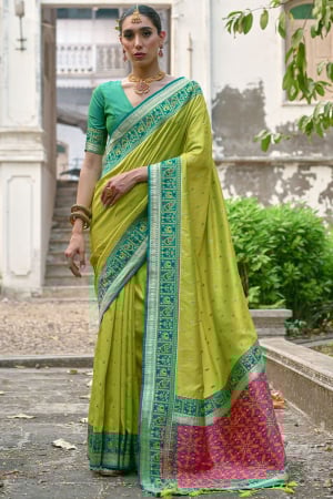 Lime Green Banarasi Silk Saree with Patola Design