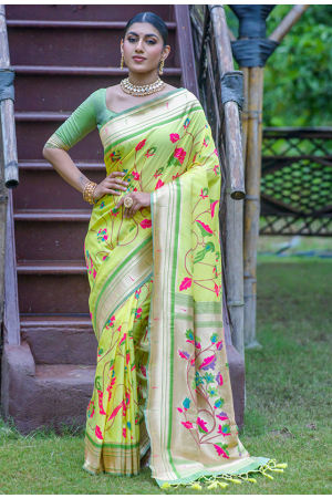 Lime Green Banarasi Silk Woven Saree