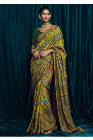 Lime Green Brasso Saree with Embroidered Blouse