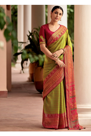 Lime Green Brasso Saree with Embroidered Designer Blouse
