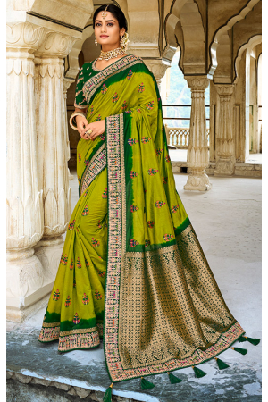Lime Green Dola Silk Designer Saree with Embroidered Blouse