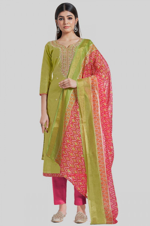 Lime Green Embroidered Chanderi Silk Pant Kameez