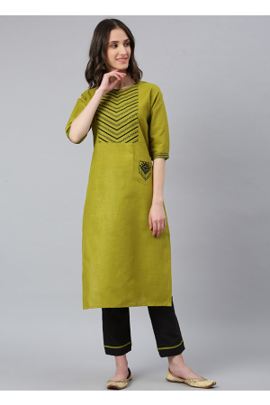 Lime Green Embroidered Cotton Silk Kurti with Pant
