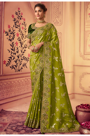 Lime Green Embroidered Smoked Viscose Saree