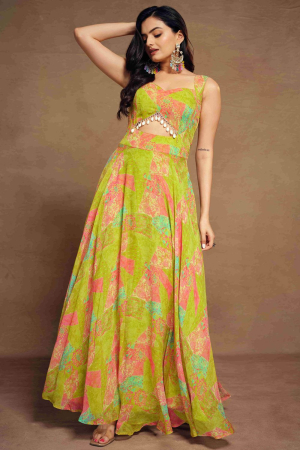 Lime Green Floral Print Georgette Gown