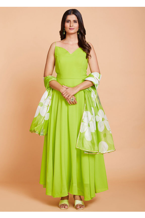 Lime Green Georgette Gown with Organza Dupatta
