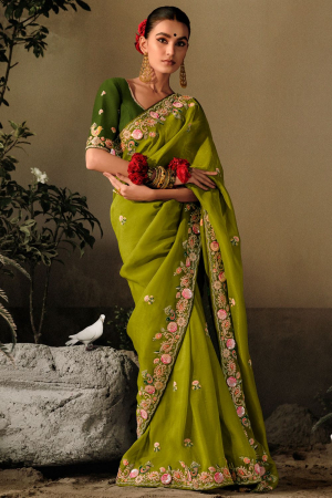 Lime Green Khatli Work Designer Saree for Wedding