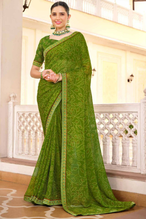 Lime Green Printed Chiffon Saree for Party