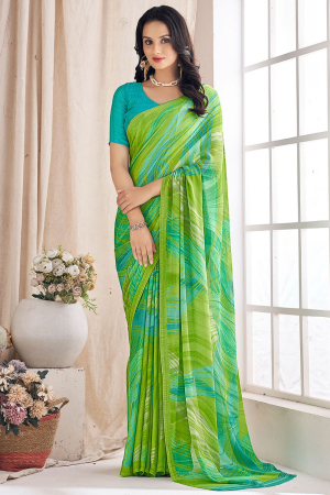 Lime Green Printed Chiffon Saree with Contrast Blouse