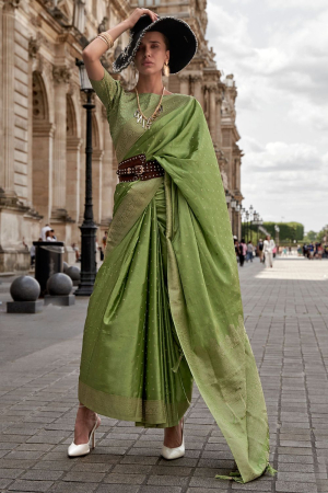 Lime Green Pure Satin Handloom Weaving Silk Saree