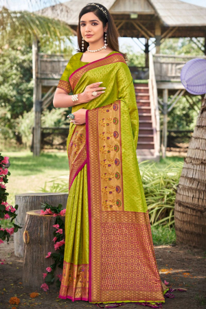 Lime Green Woven Banarasi Silk Saree